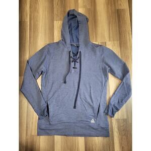 Reebok Blue Lace Up V-Neck Light Weight Long Sleeve Hoodie Sweater Size M